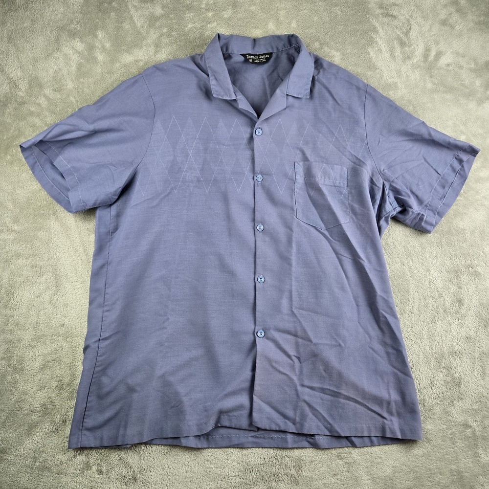 Vintage Norman James Shirt Mens XL Blue Diamond Print Short Sleeve Made In USA